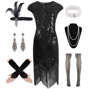 1920s Women Flapper Dress Lace Fringed Cocktail Dress with Accessories (Black S)